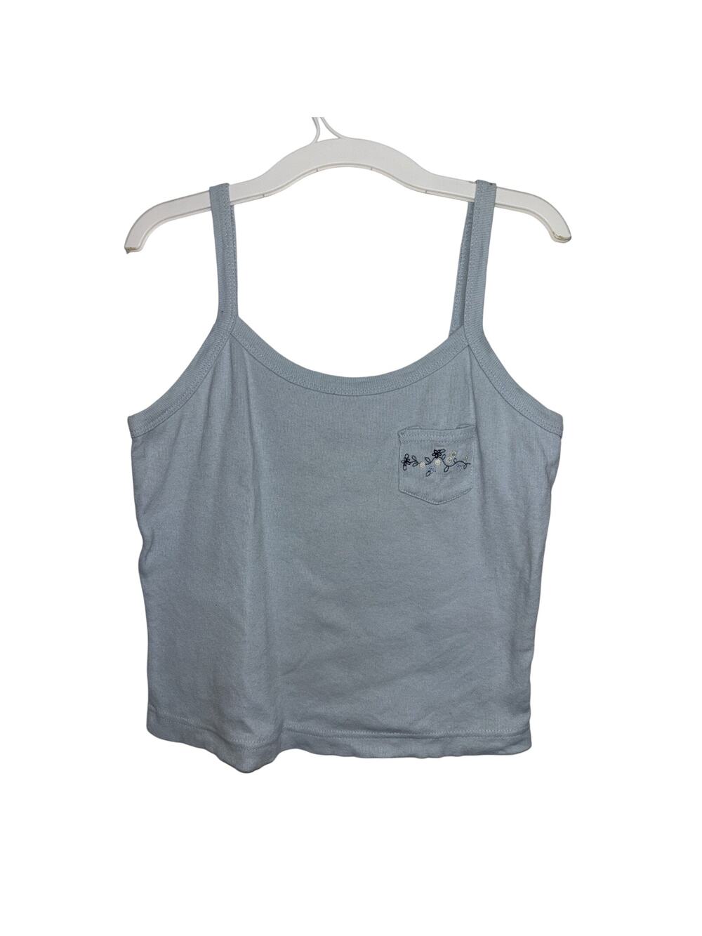 Vtg 90s Baby Blue Cami Tank S/M Baby Tee Grunge Floral Embroidery Pocket